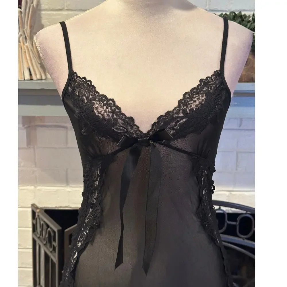 Black Sheer Nighty With Bows & Lace Accents Adjustable Straps S NWOT - Picture 2 of 7